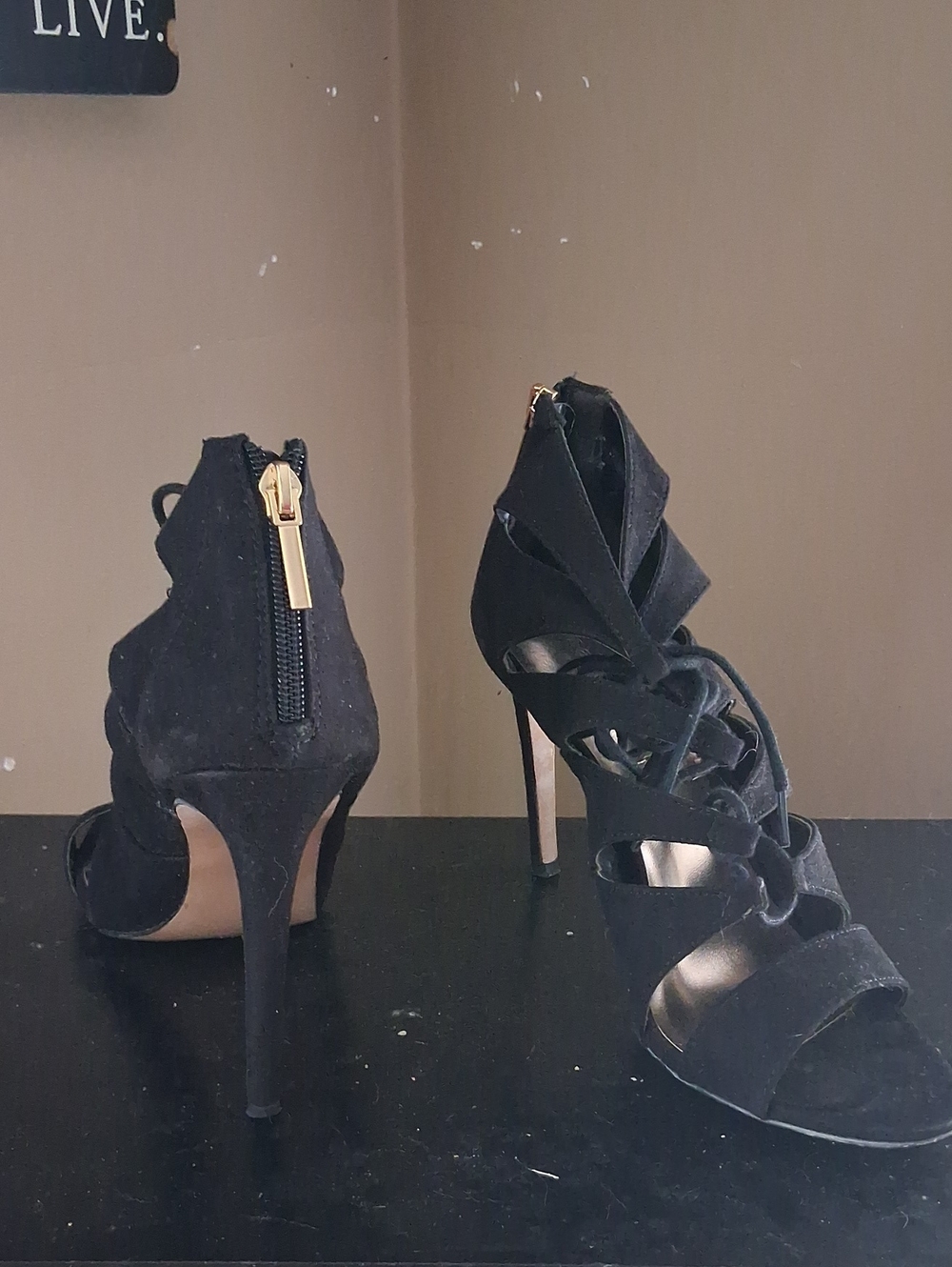 Women's Black Strappy Suede High Heel Sandals